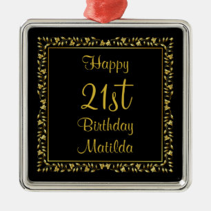 Black and Gold Floral 21st Birthday Metal Ornament