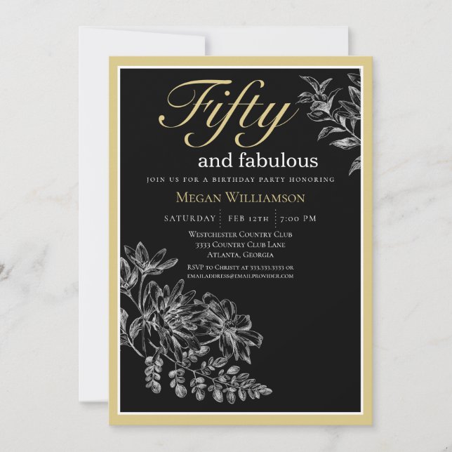 Black and Gold Floral 50 and Fabulous Birthday Invitation (Front)