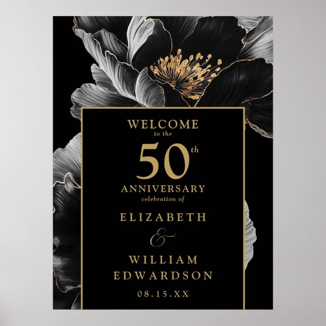 Black And Gold Floral 50th Anniversary Sign (Front)