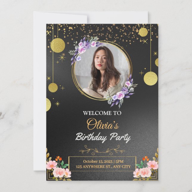 Black and Gold Floral Birthday Party Invitation (Front)