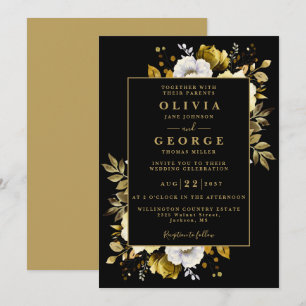 Black And Gold Floral Botanical Modern Wedding Invitation