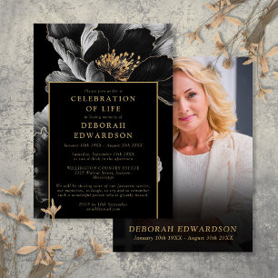 Black And Gold Floral Celebration Of Life Photo Invitation