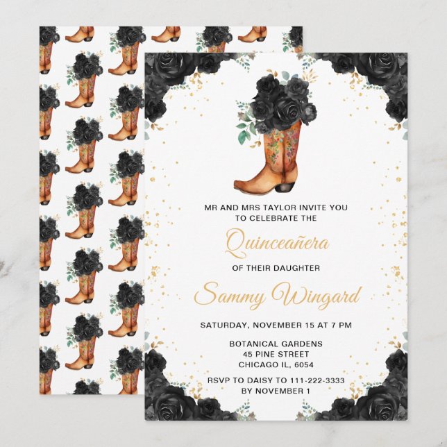 Black and Gold Floral Cowboy Boot Quinceañera Invitation (Front/Back)