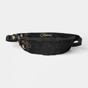 Black and gold floral damask fanny pack