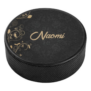 Black and gold floral damask hockey puck