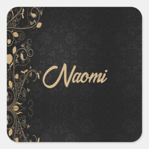 Black and gold floral damask square sticker