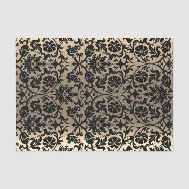 Black and Gold Floral Damask Tissue Paper (Front)
