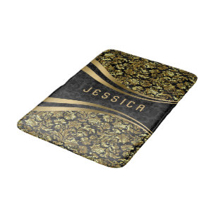 Black And Gold Floral Damasks Pattern 2b Bath Mat
