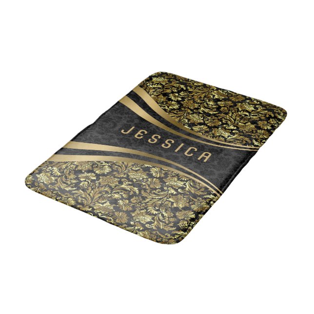Black And Gold Floral Damasks Pattern 2b Bath Mat (Angled)
