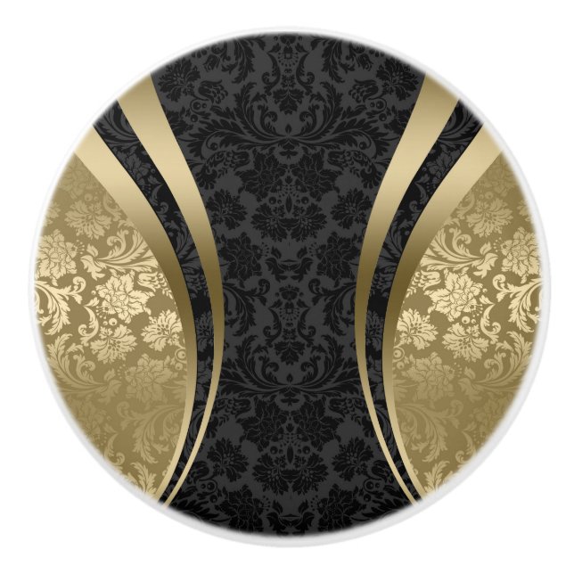 Black And Gold Floral Damasks Pattern Ceramic Knob (Front)