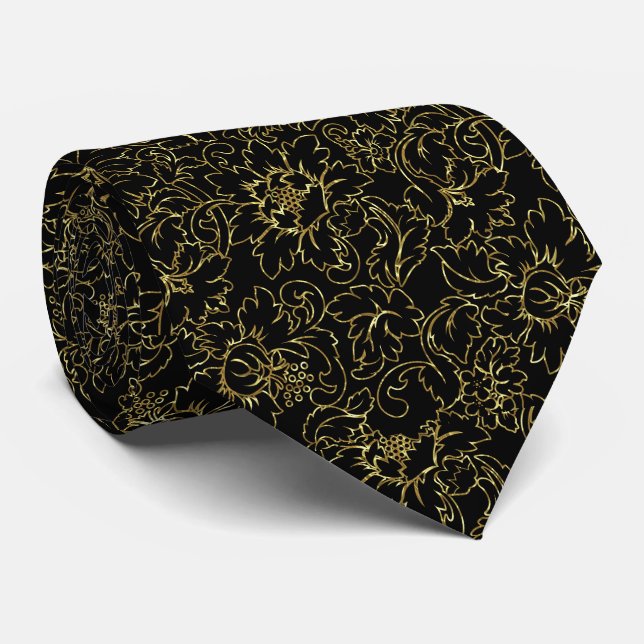 Black And Gold Floral Damasks Tie (Rolled)