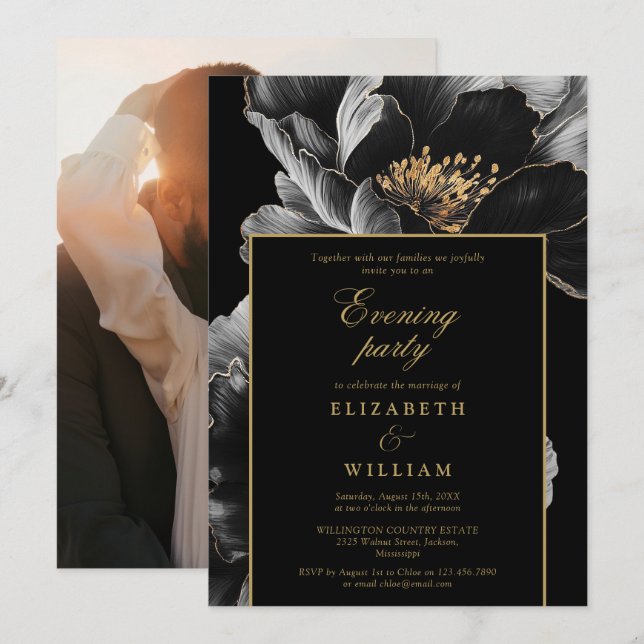 Black And Gold Floral Evening Party Wedding Photo Invitation (Front/Back)