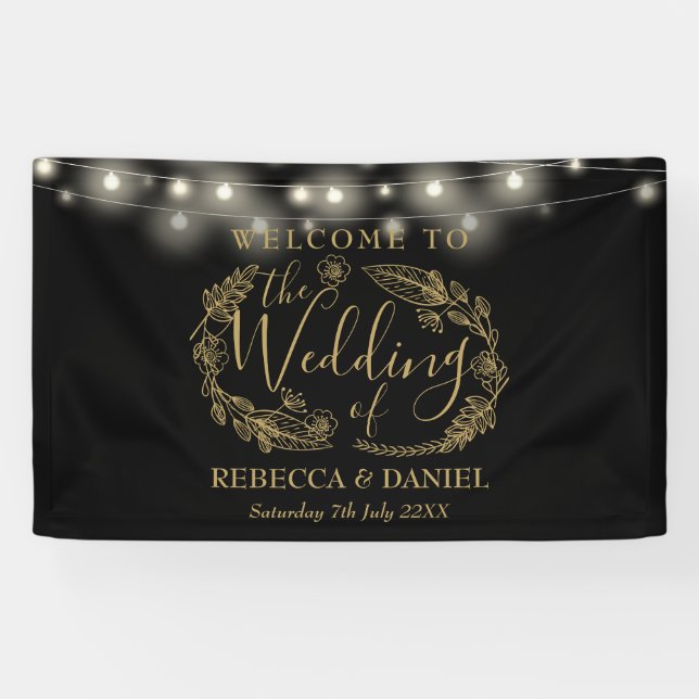 Black And Gold Floral Garland Script Wedding Banner (Horizontal)
