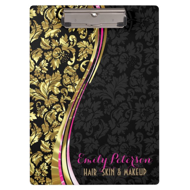 Black And Gold Floral Girly Damasks Clipboard (Front)