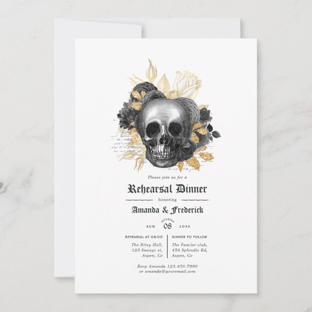 Black and Gold Floral Gothic Rehearsal Dinner Invitation (Front)
