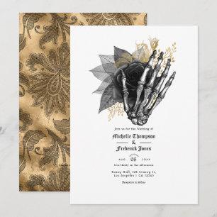 Black and Gold Floral Gothic Wedding QR Code Invitation