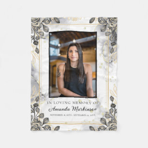 Black and Gold Floral Marble Loving Memory Funeral Fleece Blanket