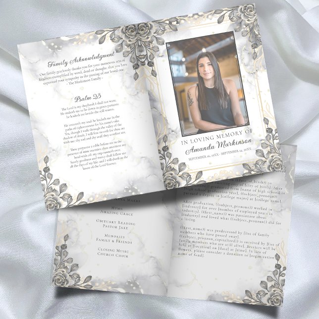 Black and Gold Floral Marble Loving Memory Funeral Program (Creator Uploaded)