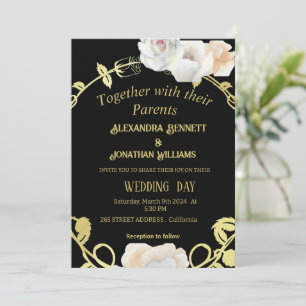 Black and Gold Floral Modern Boho Wedding Invitation