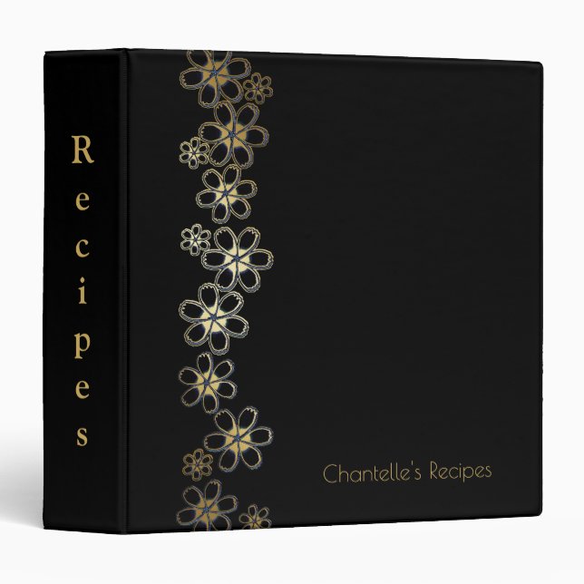 Black and Gold Floral Personalized Recipe Binder (Front/Spine)