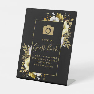 Black And Gold Floral Photo Guest Book Wedding Pedestal Sign