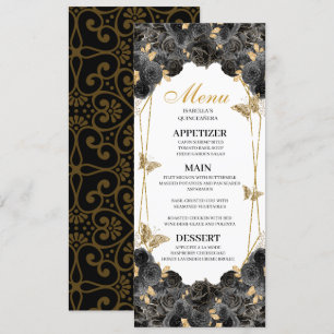 Black and Gold Floral Quinceanera Menu Invitation