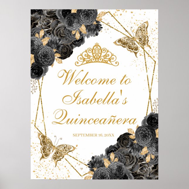 Black and Gold Floral Quinceanera Welcome Sign (Front)