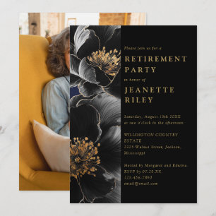 Black And Gold Floral Retirement Party Photo Invitation
