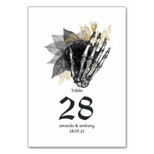 Black and Gold Floral Skeleton Gothic Wedding Table Number