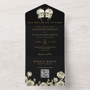 Black And Gold Floral Skulls QR Code Goth Wedding All In One Invitation