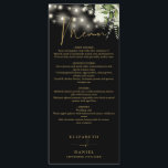 Black And Gold Floral String Lights Wedding Dinner Menu<br><div class="desc">This elegant black and gold floral greenery string lights wedding menu can be personalized with your information in chic typography with your monogram initials on the reverse. Designed by Thisisnotme©</div>