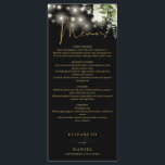 Black And Gold Floral String Lights Wedding Dinner Menu<br><div class="desc">This elegant black and gold floral greenery string lights wedding menu can be personalized with your information in chic typography with your monogram initials on the reverse. Designed by Thisisnotme©</div>