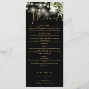 Black And Gold Floral String Lights Wedding Dinner Menu