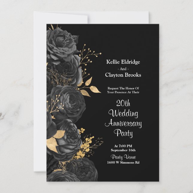 Black And Gold Floral Wedding Anniversary Party Invitation (Front)