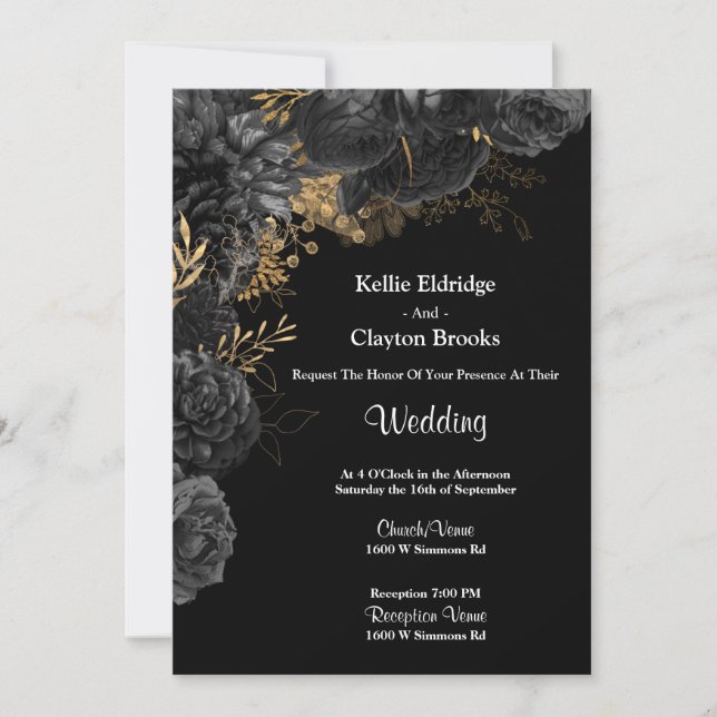 Black And Gold Floral Wedding Invitation (Front)