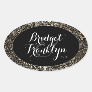 Black and Gold Floral Wedding Oval Sticker
