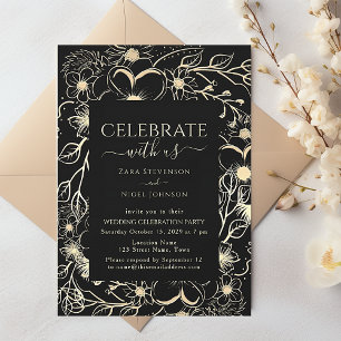Black and Gold Floral Wedding Reception Invitation