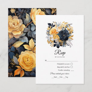 Black and Gold Floral Wedding RSVP Card