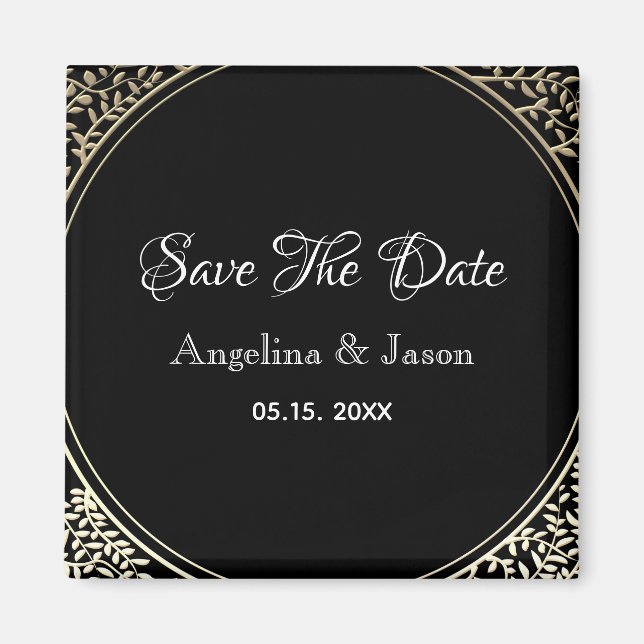 Black and Gold Floral Wedding Save The Date Magnet (Front)