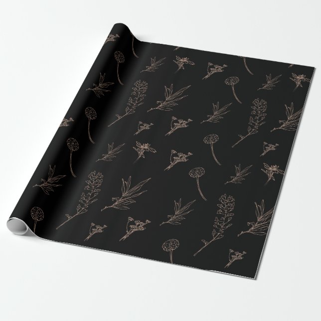 Black and Gold Floral Wrapping Paper (Unrolled)