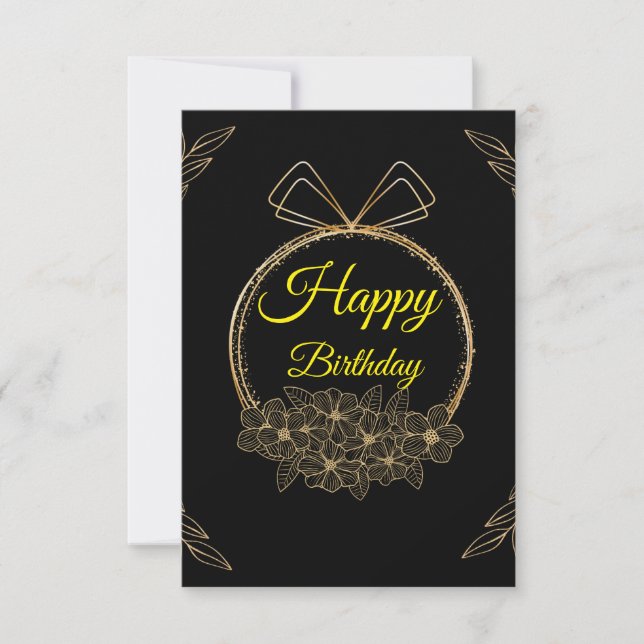 Black and Gold Floral Wreath Birthday Card (Front)