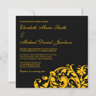Black and Gold Flourish Swirl Wedding Invitation