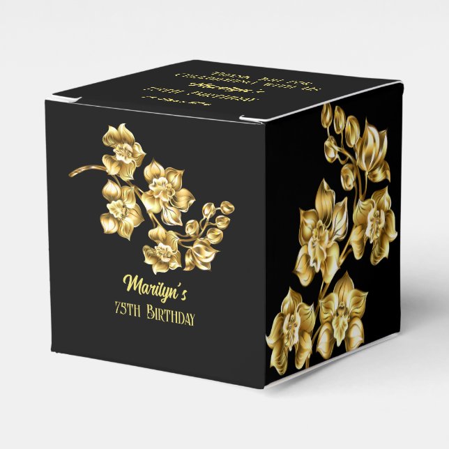 Black and gold flowers birthday party personalized favor box (Front Side)