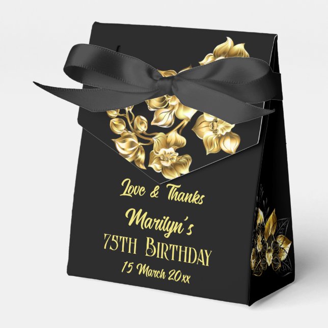 Black and gold flowers birthday party personalized favor box (Front Side)