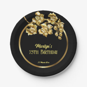 Black and gold flowers birthday party personalized paper plate