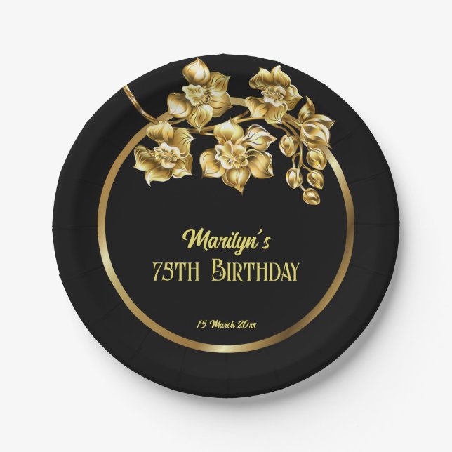 Black and gold flowers birthday party personalized paper plate (Front)