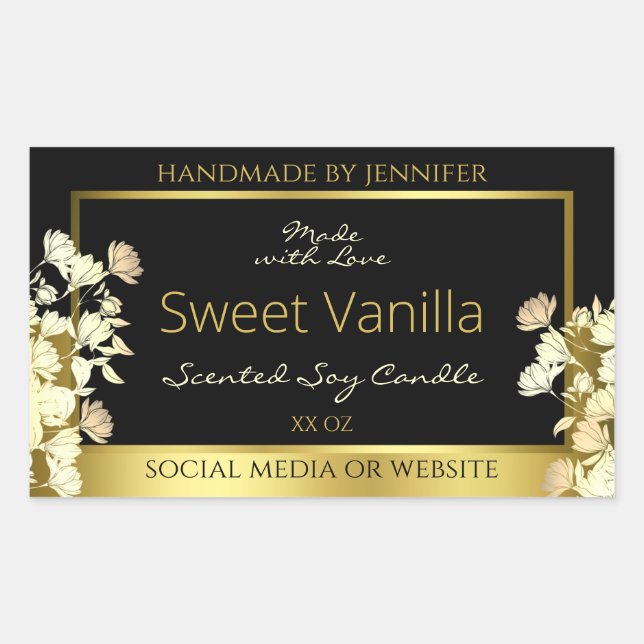 Black and Gold Flowers Product Packaging Labels (Front)