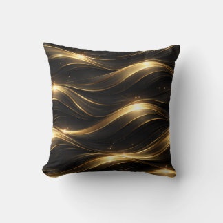 Black and Gold Fluid Wave Pattern Throw Pillow
