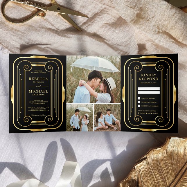 Black and Gold Foil Art Deco Photo Collage Wedding Tri-Fold Invitation (Creator Uploaded)