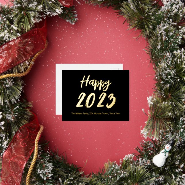 Black and Gold Foil custom Happy New Year 2023 Foil Holiday Postcard (Insitu)
